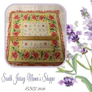Vintage 1950s Pink & Yellow Floral Crocheted Edge Handkerchief (L2)